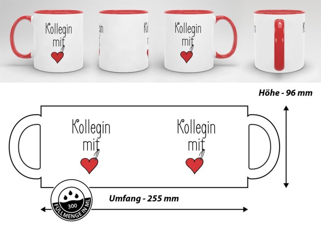 Spruch-Tasse für Mitarbeiter und Kollegen Kollegin mit Herz - Innen & Henkel Rot  
