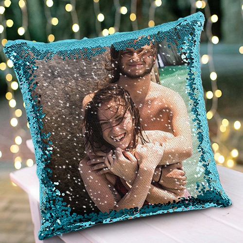Fotokissen mit Wendepailletten - Blau - mit F&uuml;llung