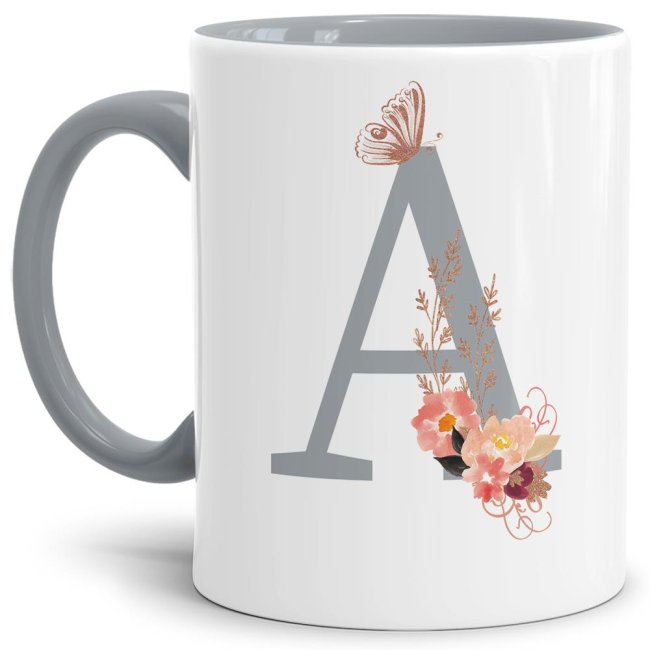 Buchstaben-Tasse mit Blumen &quot;Buchstabe A&quot; - Innen &amp; Henkel Grau