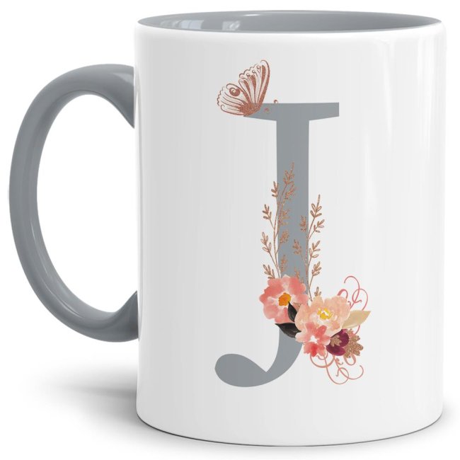 Buchstaben-Tasse mit Blumen &quot;Buchstabe J&quot; - Innen &amp; Henkel Grau