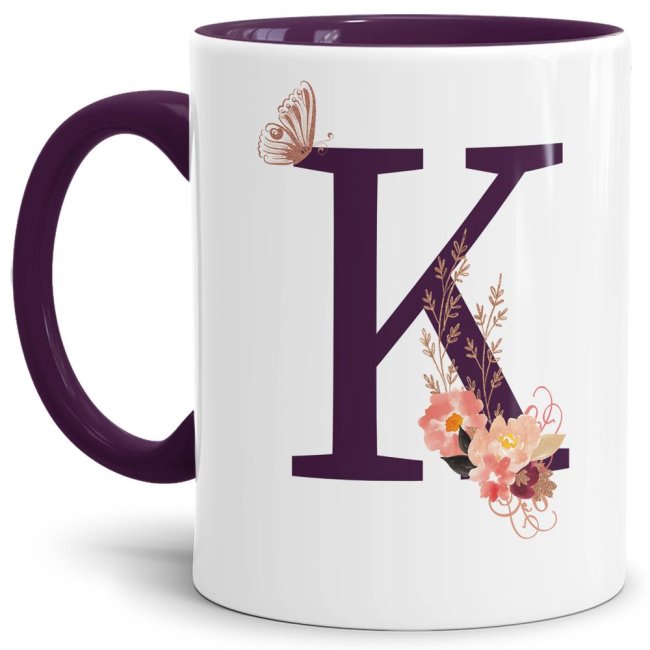 Buchstaben-Tasse mit Blumen &quot;Buchstabe K&quot; - Innen &amp; Henkel Violett
