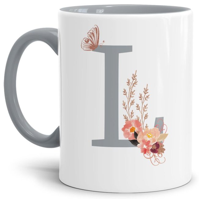 Buchstaben-Tasse mit Blumen "Buchstabe L" - Innen &amp; Henkel Grau