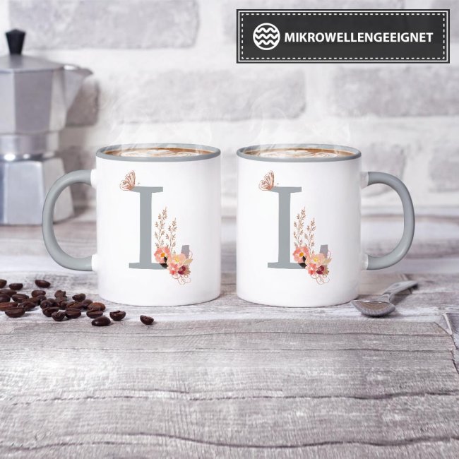 Buchstaben-Tasse mit Blumen "Buchstabe L" - Innen &amp; Henkel Grau