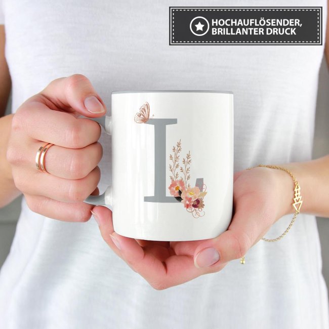 Buchstaben-Tasse mit Blumen "Buchstabe L" - Innen &amp; Henkel Grau