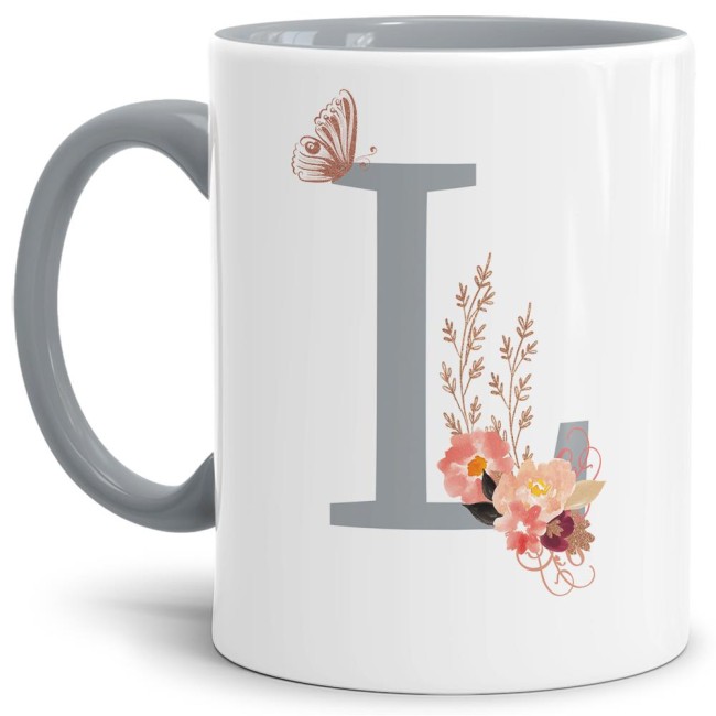 Buchstaben-Tasse mit Blumen "Buchstabe L" - Innen &amp; Henkel Grau