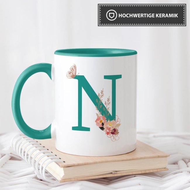 Personalisiert Tasse Mit Buchstabe N & Blumen – 300 Ml, Grauer Henkel, Spülmaschinen- & Mikrowellengeeignet