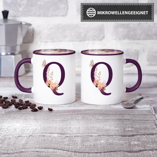 Buchstaben-Tasse mit Blumen "Buchstabe Q" - Innen &amp; Henkel Violett