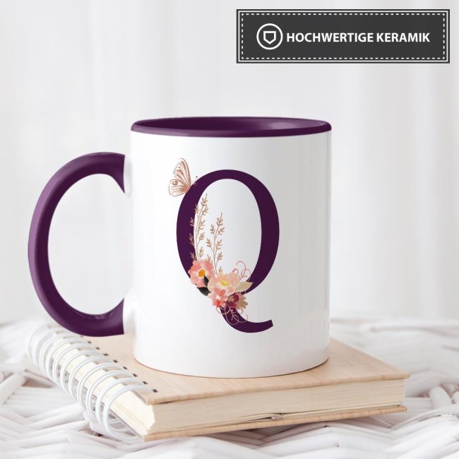 Buchstaben-Tasse mit Blumen "Buchstabe Q" - Innen &amp; Henkel Violett