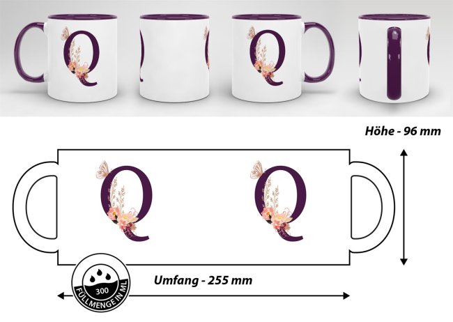Buchstaben-Tasse mit Blumen "Buchstabe Q" - Innen &amp; Henkel Violett