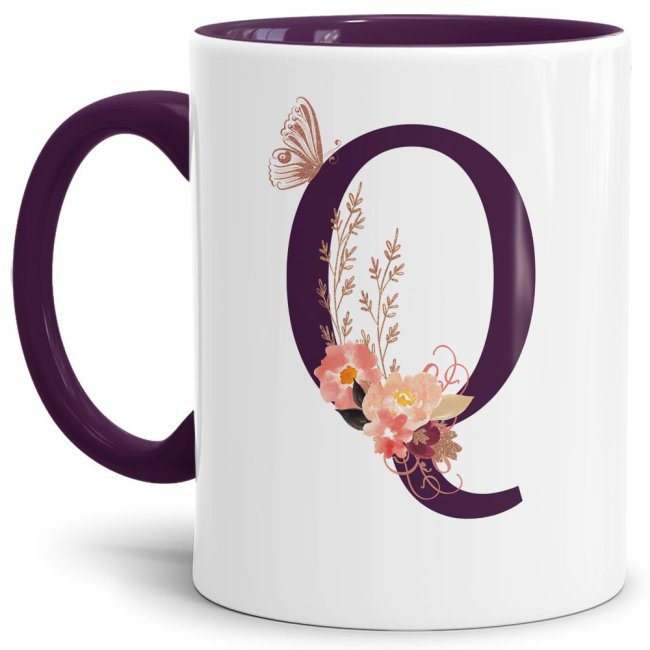Buchstaben-Tasse mit Blumen "Buchstabe Q" - Innen &amp; Henkel Violett