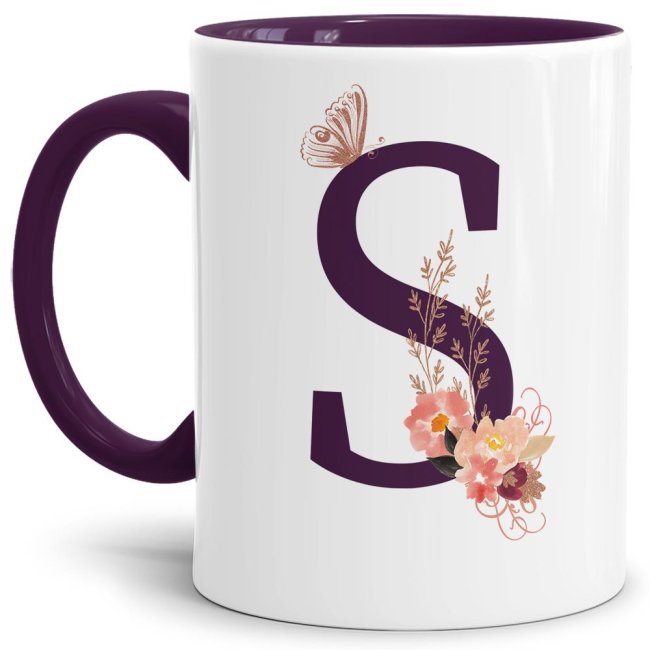Buchstaben-Tasse mit Blumen &quot;Buchstabe S&quot; - Innen &amp; Henkel Violett
