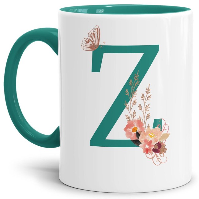 Buchstaben-Tasse mit Blumen Buchstabe Z - Innen & Henkel Türkis 