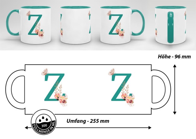 Buchstaben-Tasse mit Blumen Buchstabe Z - Innen & Henkel Türkis 