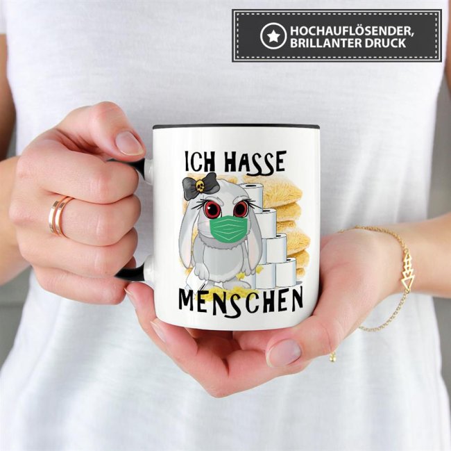 Anti-Hamster-Tasse B&ouml;ses Hasi - Ich hasse Menschen - Innen &amp; Henkel Schwarz