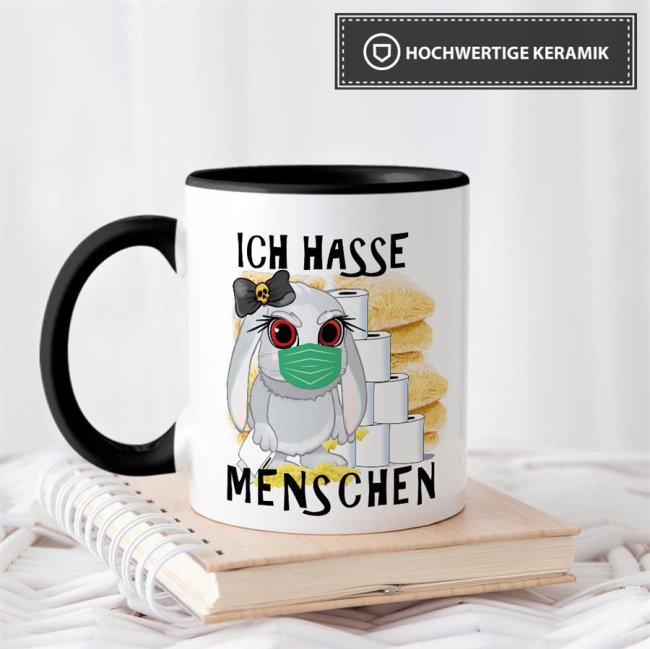 Anti-Hamster-Tasse B&ouml;ses Hasi - Ich hasse Menschen - Innen &amp; Henkel Schwarz