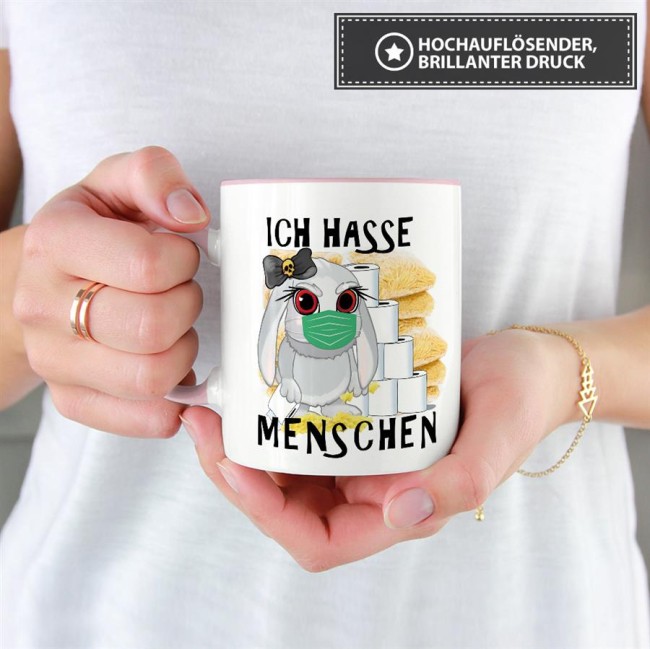 Anti-Hamster-Tasse B&ouml;ses Hasi - Ich hasse Menschen - Innen &amp; Henkel Rosa