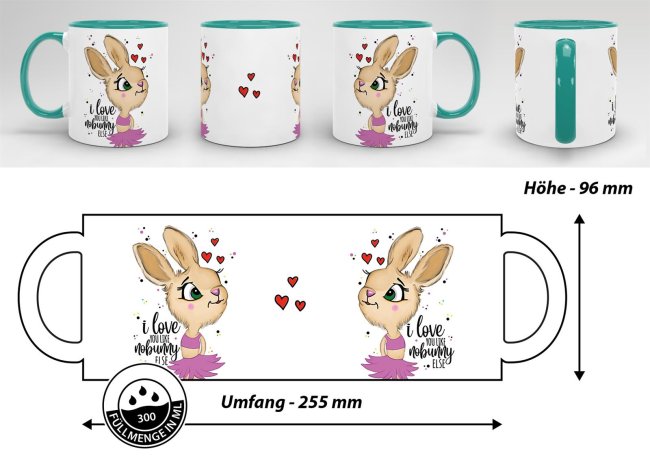 Tasse Hasenliebe - like nobunny else - Hasenm&auml;dchen - Innen &amp; Henkel T&uuml;rkis