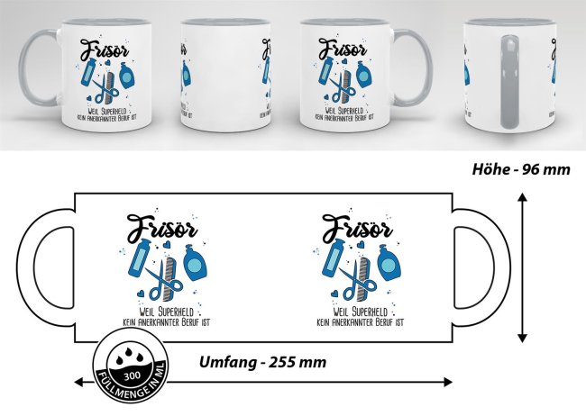 Berufe-Tasse Superheld Fris&ouml;r - Grau