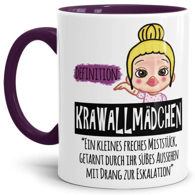 Tasse Krawallm&auml;dchen mit Spruch - blond - Innen &amp; Henkel Violett