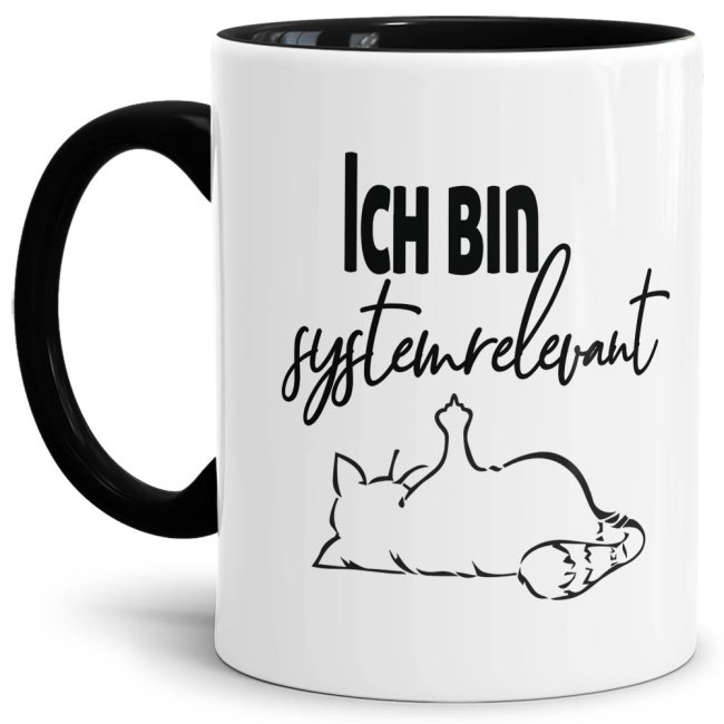 Tasse mit Spruch - Systemrelevant - Katze Mittelfinger - Schwarz