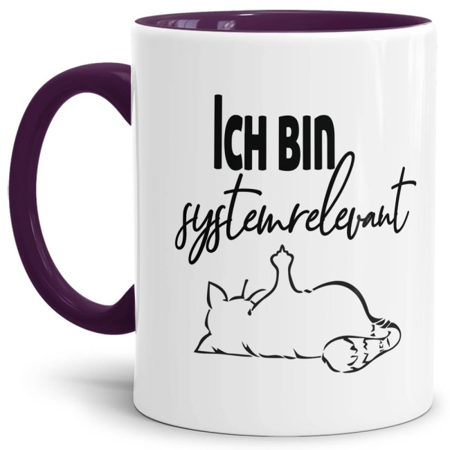 Tasse mit Spruch - Systemrelevant - Katze - Innen & Henkel Violett