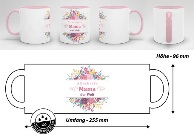 Geschenk-Set zum Muttertag - Allerbeste Mama - Tasse Innen &amp; Henkel rosa mit Spruch inkl. Gru&szlig;karte und Geschenk-Verpackung