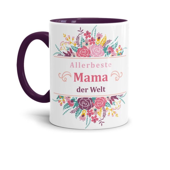 Geschenk-Set zum Muttertag - Allerbeste Mama - Tasse Innen &amp; Henkel violett mit Spruch inkl. Gru&szlig;karte und Geschenk-Verpackung