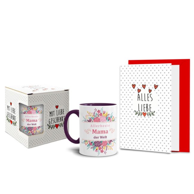 Geschenk-Set zum Muttertag - Allerbeste Mama - Tasse Innen &amp; Henkel violett mit Spruch inkl. Gru&szlig;karte und Geschenk-Verpackung