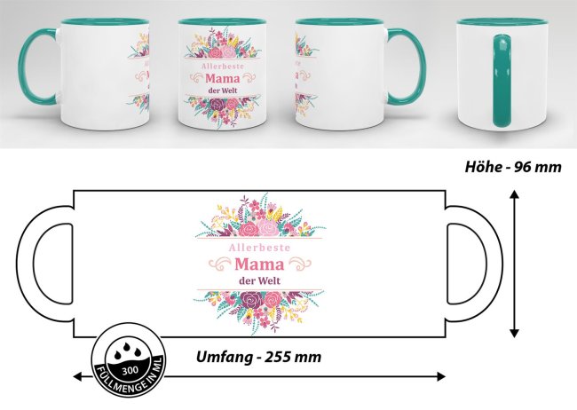 Geschenk-Set zum Muttertag - Allerbeste Mama - Tasse Innen &amp; Henkel t&uuml;rkis mit Spruch inkl. Gru&szlig;karte und Geschenk-Verpackung