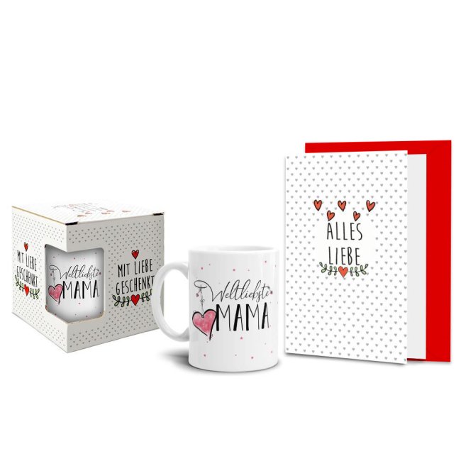 Geschenk-Set - Weltliebste Mama - Tasse inkl. Grußkarte und Geschenk-Box