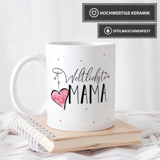 Geschenk-Set zum Muttertag - Weltliebste Mama - Tasse in Wei&szlig; mit Spruch inkl. Gru&szlig;karte und Geschenk-Verpackung