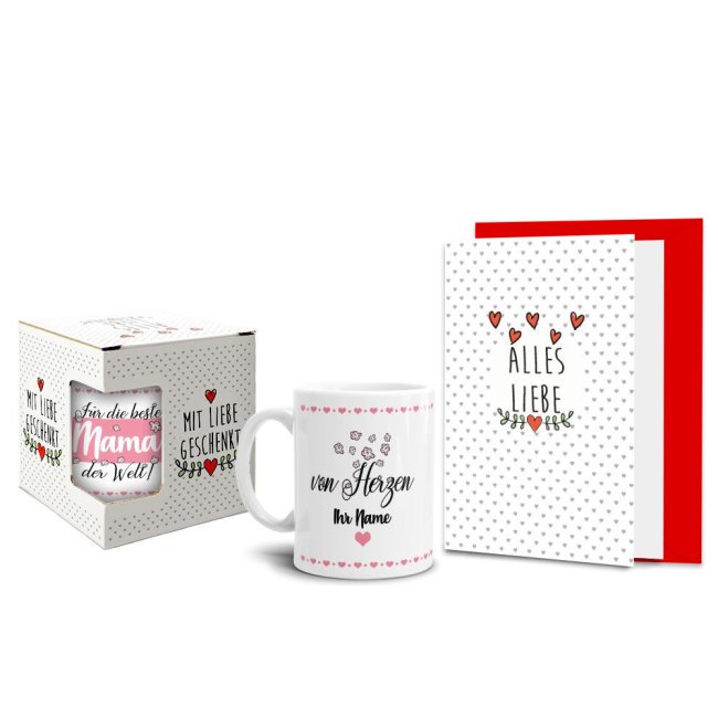 Geschenk-Set zum Muttertag - Beste Mama der Welt - personalisiert von &quot;Ihr Name&quot; / Tasse mit Spruch inkl. Gru&szlig;karte und Geschenk-Verpackung