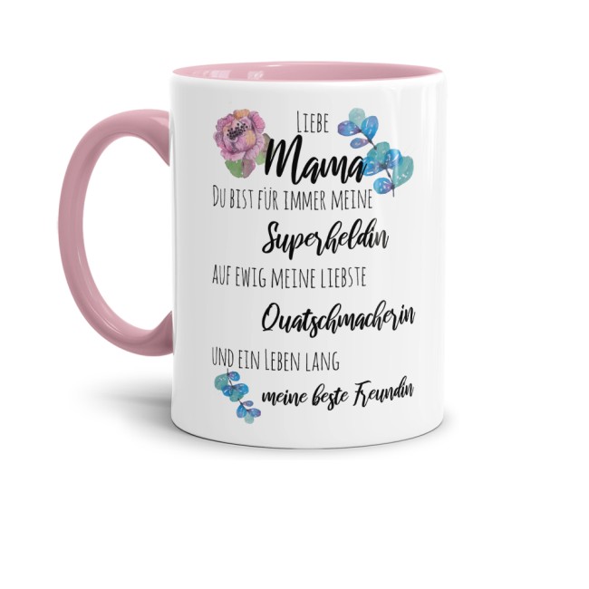 Geschenk-Set zum Muttertag - Liebe Mama Superheldin - Tasse Innen &amp; Henkel rosa mit Spruch inkl. Gru&szlig;karte und Geschenk-Verpackung