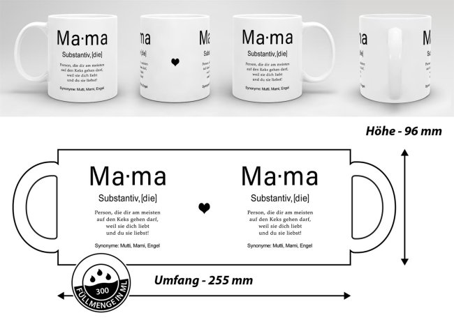 Geschenk-Set zum Muttertag - Dudenwort Mama - Tasse in Wei&szlig; mit Spruch inkl. Gru&szlig;karte und Geschenk-Verpackung