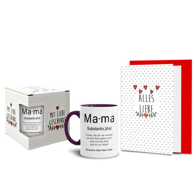 Geschenk-Set zum Muttertag - Dudenwort Mama - Tasse Innen &amp; Henkel violett mit Spruch inkl. Gru&szlig;karte und Geschenk-Verpackung