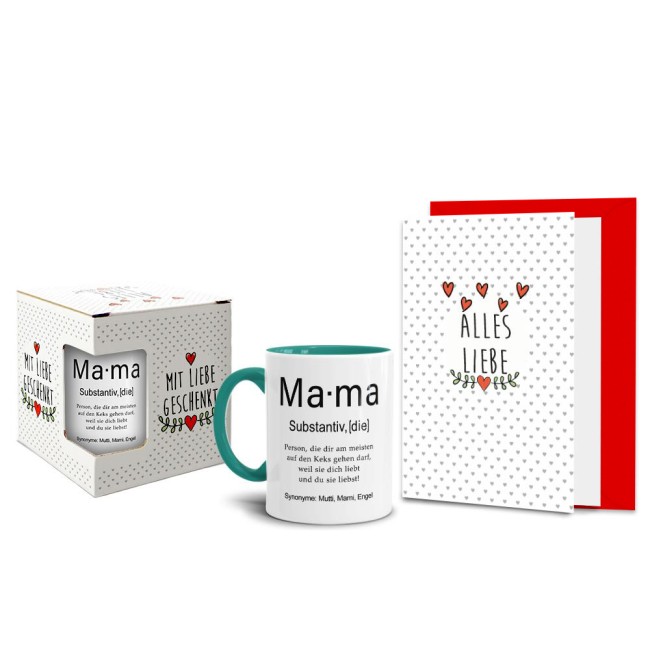 Geschenk-Set zum Muttertag - Dudenwort Mama - Tasse Innen &amp; Henkel t&uuml;rkis mit Spruch inkl. Gru&szlig;karte und Geschenk-Verpackung