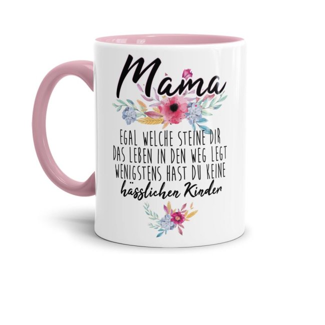 Geschenk-Set zum Muttertag - Mama - keine h&auml;sslichen Kinder - Tasse Innen &amp; Henkel rosa mit Spruch inkl. Gru&szlig;karte und Geschenk-Verpackung