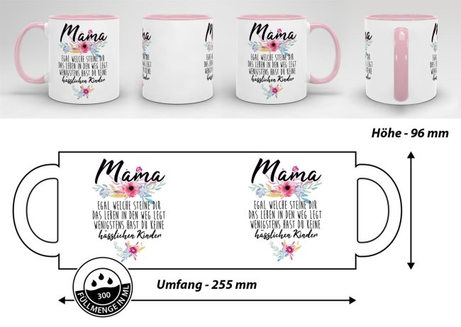 Geschenk-Set zum Muttertag - Mama - keine h&auml;sslichen Kinder - Tasse Innen &amp; Henkel rosa mit Spruch inkl. Gru&szlig;karte und Geschenk-Verpackung