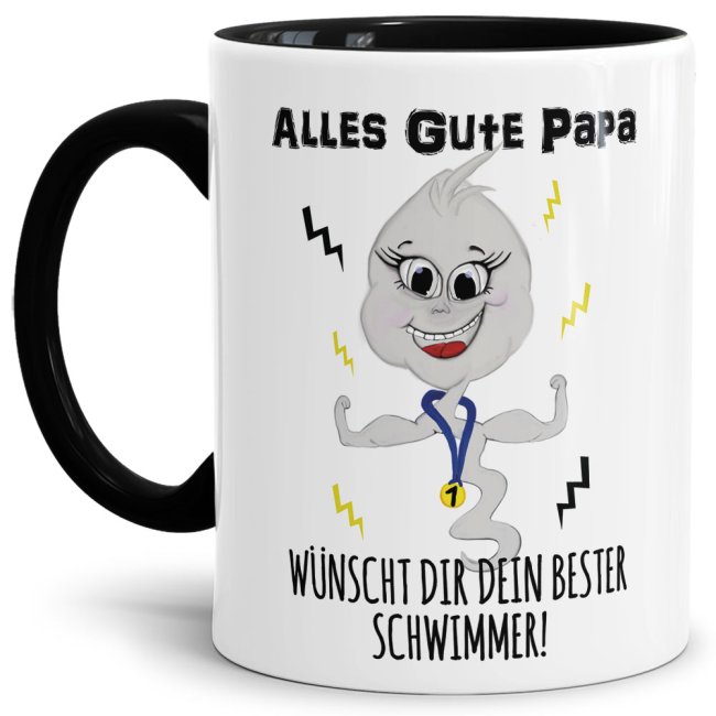 Lustige Tasse mit Spruch f&uuml;r Papa - Bester Schwimmer -  Innen &amp; Henkel Schwarz