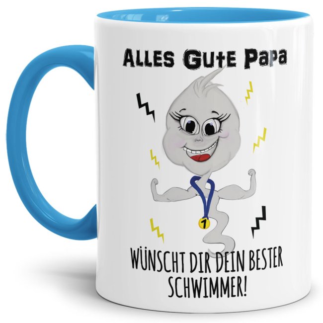 Lustige Tasse mit Spruch f&uuml;r Papa - Bester Schwimmer -  Innen &amp; Henkel Hellblau