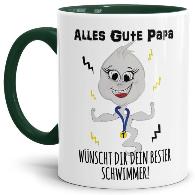 Lustige Tasse mit Spruch f&uuml;r Papa - Bester Schwimmer -  Innen &amp; Henkel Dunkelgr&uuml;n