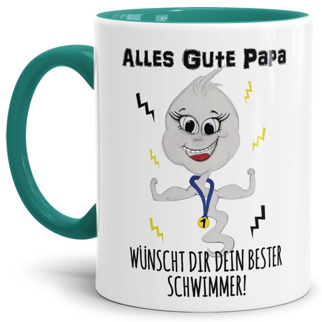 Lustige Tasse mit Spruch f&uuml;r Papa - Bester Schwimmer -  Innen &amp; Henkel T&uuml;rkis
