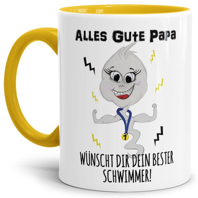 Lustige Tasse mit Spruch f&uuml;r Papa - Bester Schwimmer -  Innen &amp; Henkel Gelb