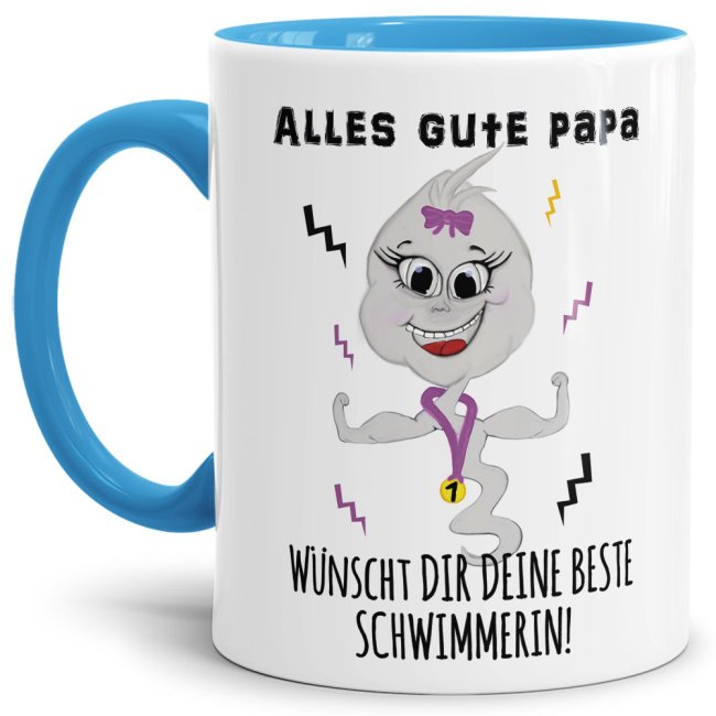 Lustige Tasse mit Spruch f&uuml;r Papa - Beste Schwimmerin -  Innen &amp; Henkel Hellblau