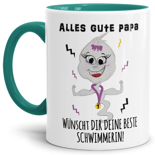 Lustige Tasse mit Spruch f&uuml;r Papa - Beste Schwimmerin -  Innen &amp; Henkel T&uuml;rkis