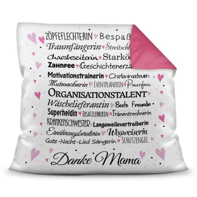 Kissen mit Spruch f&uuml;r Mama - Danke Mama - Farbkissen R&uuml;ckseite Pink