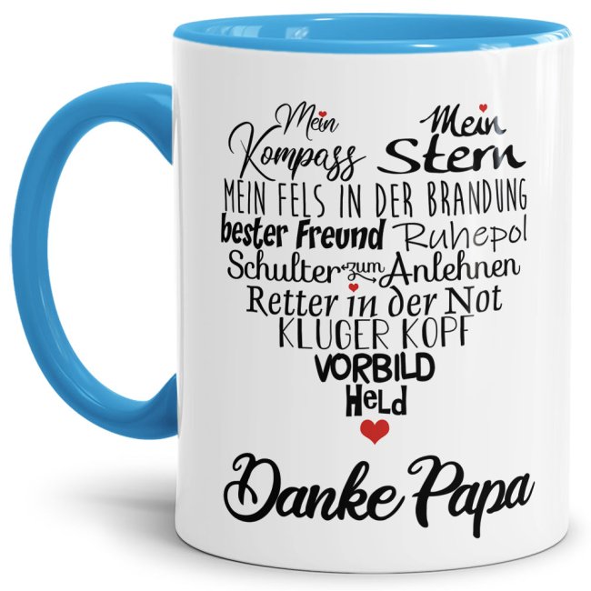 Lustige Tasse mit Spruch f&uuml;r Papa - Danke Papa - Innen &amp; Henkel Hellblau