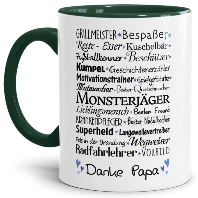 Lustige Tasse mit Spruch f&uuml;r Papa - Danke - Innen &amp; Henkel Dunkelgr&uuml;n