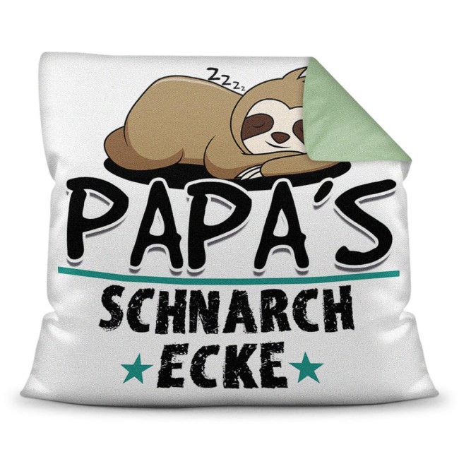 Kuschel-Kissen mit Spruch f&uuml;r Papa - Papas Schnarch-Ecke - Farbkissen R&uuml;ckseite Seegr&uuml;n