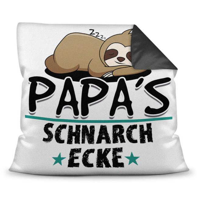 Kuschel-Kissen mit Spruch f&uuml;r Papa - Papas Schnarch-Ecke - Farbkissen R&uuml;ckseite Schwarz